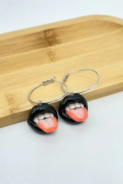 Black Lips Earrings with Fangs,  Vampire Jewelry by ClayColada