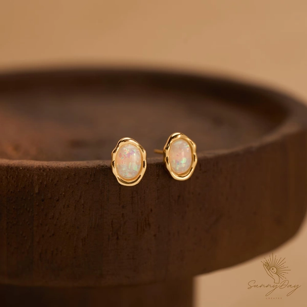Vintage Opal Stud Gold Earrings, Sterling Silver Opal Stud Earrings, Minimal Opal Earrings, Oval Opal Earrings, Christmas Gift, Gift for Her