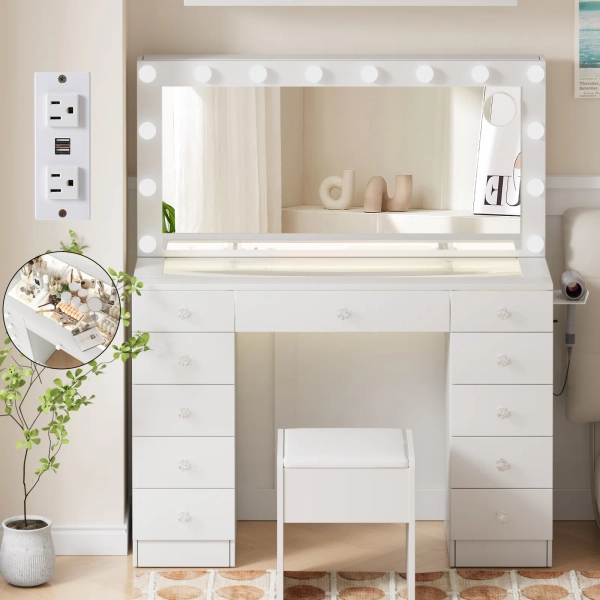 Latitude Run® Greyden Vanity Set with Glass Top, Makeup Vanity with Outlets and 11 Drawers & Reviews | Wayfair