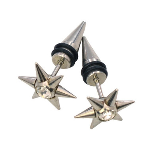 Spike CZ Star Fake Taper Earrings 16G