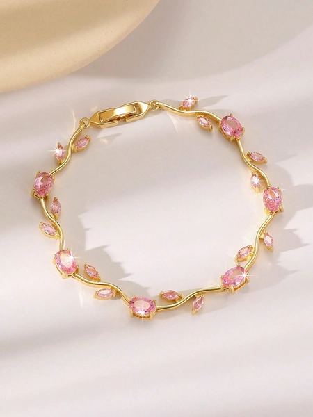 1 pezzo Elegante braccialetto a catena con fiori e foglie in rame e zirconia, con design multicolore personalizzato, adatto per uso quotidiano, festival, appuntamenti, feste, matrimoni o come regalo per la Festa della Mamma e San Valentino per le donne