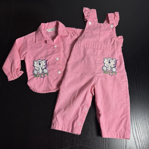 Vintage 80s Healthtex Baby Girl 24M Pink Kitty Cat Overalls/Shirt Jacket Set
