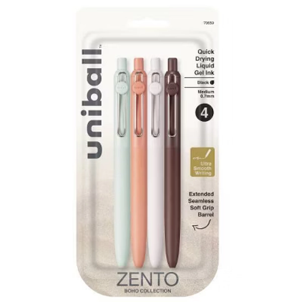 uniball Zento Liquid Gel Retractable Pens Medium Point 0.7mm 4pk Black Ink
