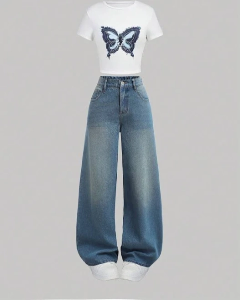 SHEIN Teen Girls Y2k Butterfly Denim Set