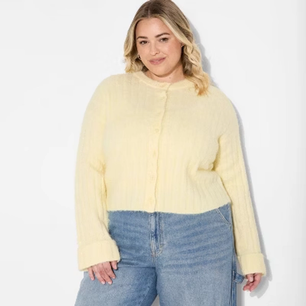 Women's Ribbed Crewneck Cardigan - Wild Fable™ Light Yellow XXL