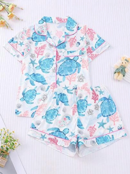 2pcs Turtle & Sea Element Printed Pajama Set For Women, Short Sleeve Shirt With Lapel & Button, And Loose Elastic Shorts, Suitable For Festivals, Parties, Casual Outdoor & Indoor Wear, All Season