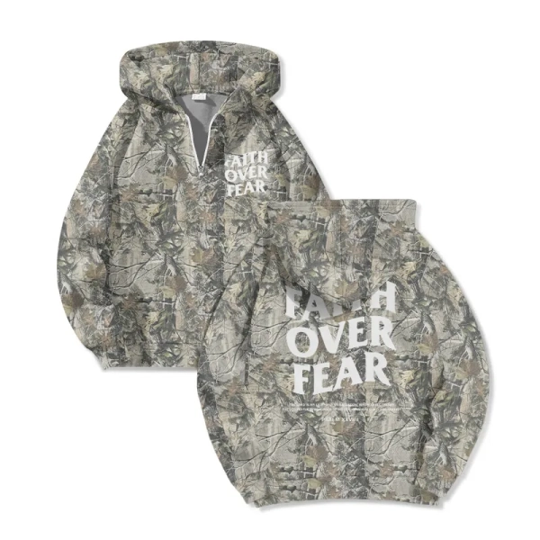 Faith Over Fear Dead Leaves Camouflage Print Half Zip Hoodie