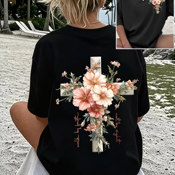 [Travel Club Gym Sports] Women's Summer Casual T-Shirt - Floral Cross Pattern Printed Round Neck Top, Suitable for Outdoor Wear, Y2K Street Style, Punk Aesthetic, Back-To- Season, Travel, Club, Gym, Sports Scenarios, And Festive Occasions