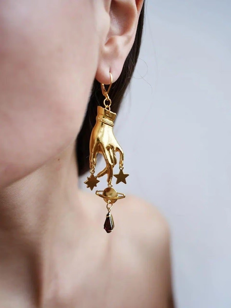 Purple Crystal Hand palm Earrings, Gold long Light Magic exoteric Astrology Drop Earrings, Gift For Her, Whimsical Earrings, Dangle Crystal