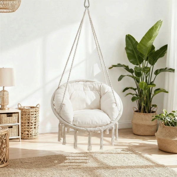 Ladouceur Hammock Chair with Macrame and Cushion Hanging Cotton Rope Swing for Indoor and Outdoor Use Ideal for Bedroom Patio Yard Deck Garden and Porch | Wayfair