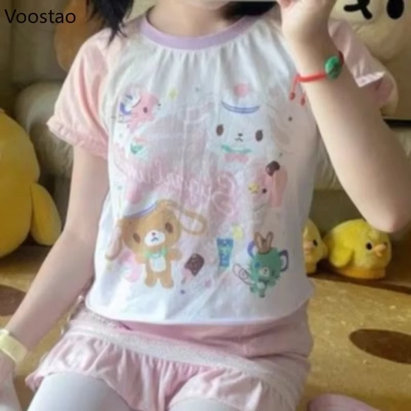Japanese Cute Cartoon Print Lolita Short T-shirt Women Sweet Short Sleeve Tops Girls Pink Kawaii Pulovers TShirts Summer Tees - AliExpress 200000345
