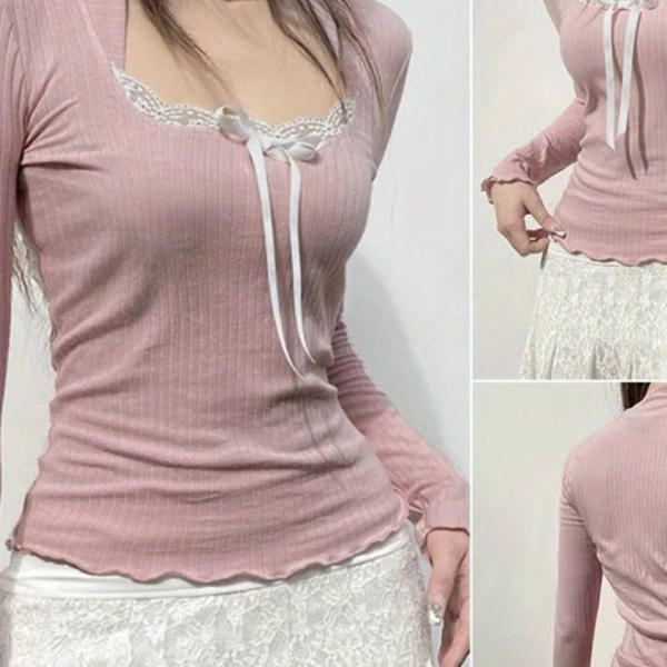 Women's Long Sleeve Square Neck Lace Trim T-Shirt