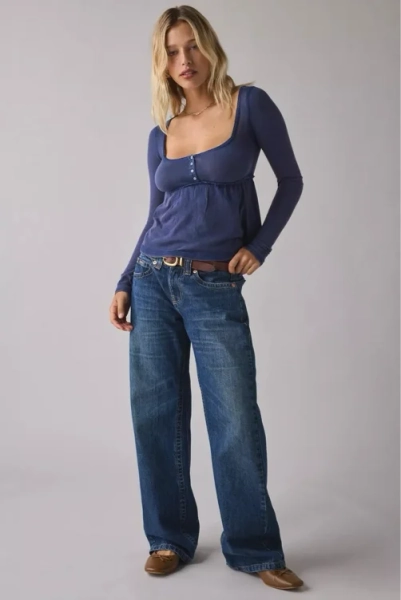 BDG Brittney Long Sleeve Henley Babydoll Top