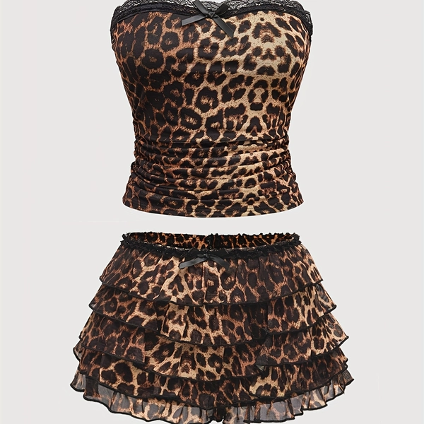 A Set of Women'S Y2K Leopard Print Shorts And Top[Summer Solstice]