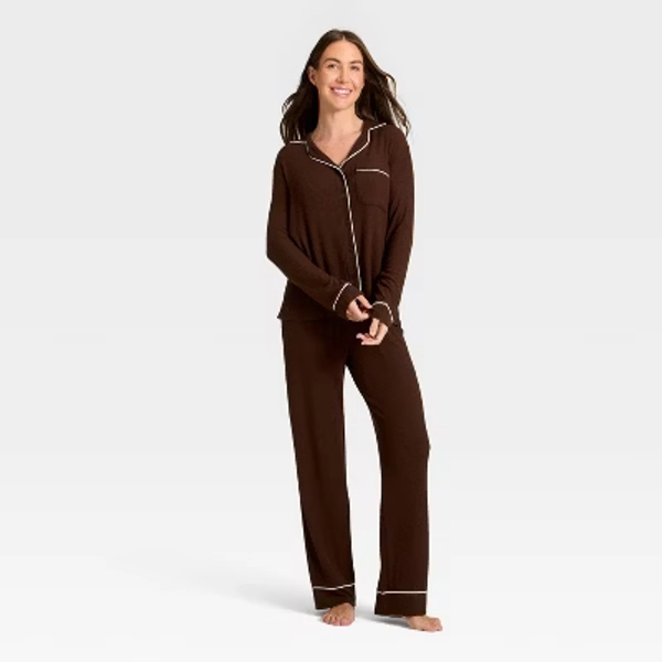 Women's Cozy Ribbed Notch Collar Long Sleeve Shirt and Pants Pajama Set - Auden™ Brown M