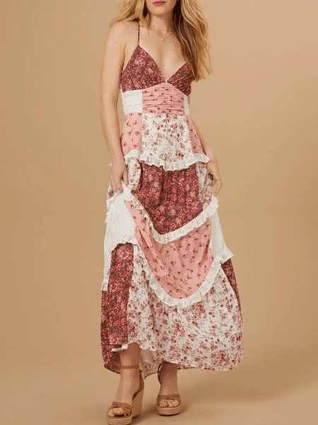 Summer Dresses For Women Boho Y2K Floral Maxi Dress Cute Lace Patchwork Ruffle Flowy Long Dress Sexy Spaghetti Strap Deep V Neck Backless Dresses Low Cut Beach Vacation Sundress