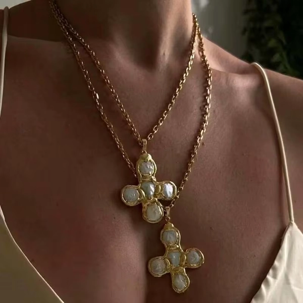 Irregular Melting Gold Cross Pendant Necklace | Mother of Pearl, Y2K Victorian Jewelry | 6 Designs
