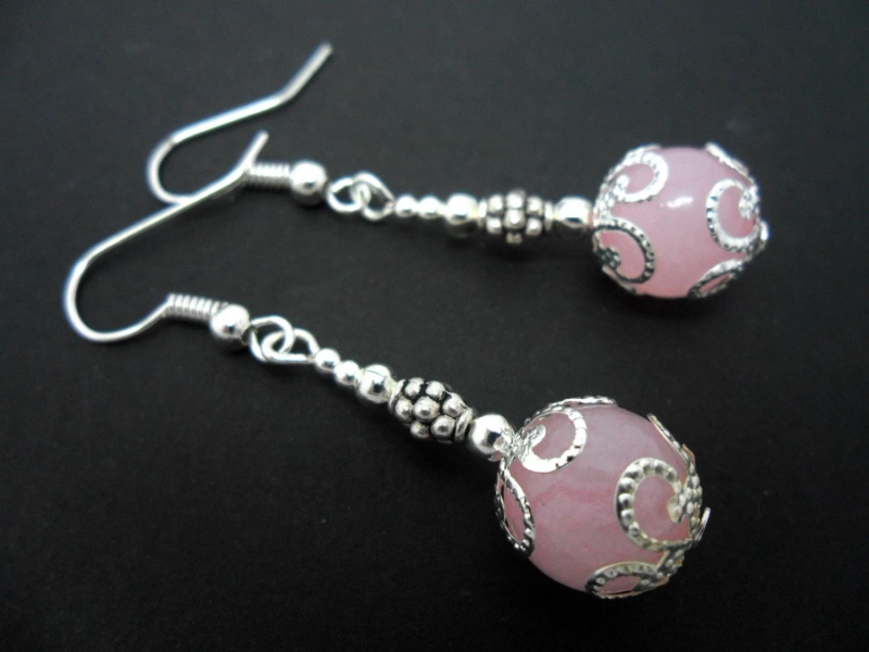 A pair of pretty pink jade  bead  dangly earrings.