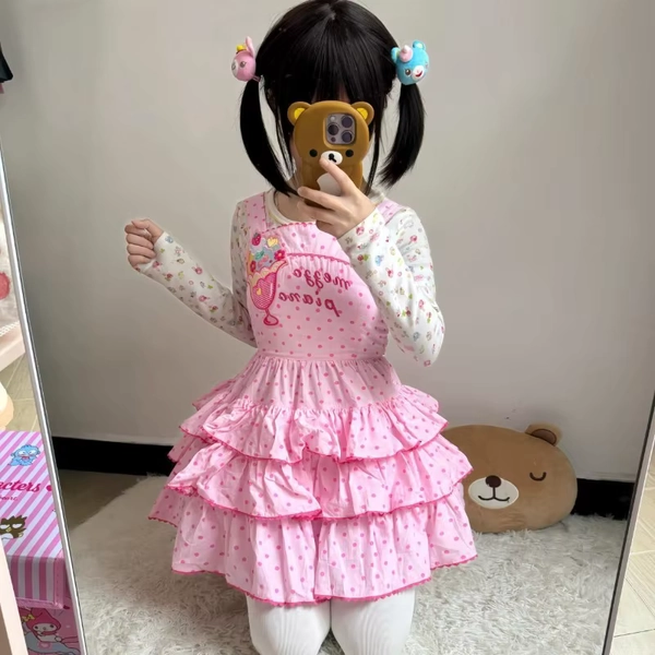 Chic Sweet Polka Dot Print Camisole Dress Ruffles Patchwork A-line Summer Cake Dress Japan Style All-match Aesthetic Vestidos - AliExpress 200000345