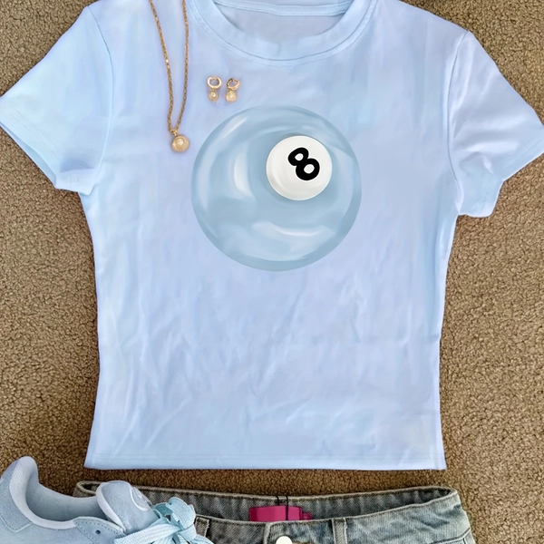 00008 - Women'S Fitted Top Featuring a Trendy And Creative Lucky Blue Number Eight Billiard Print, a Pure And Desirable Korean Y2K Summer Round-Neck Short-Sleeve T-Shirt, Women'S Clothing QHH1639