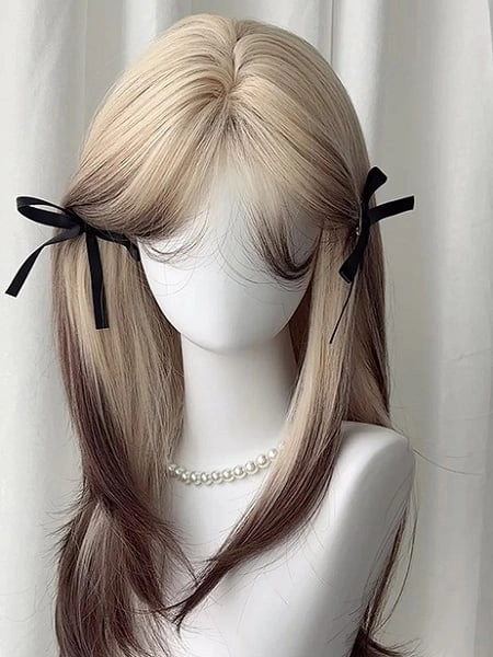 [$22.00]Black & Blonde Ombre 65CM Straight Wig with Curtain Bangs
