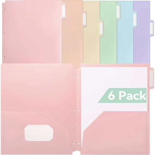 MetalM Plastic Folders with Pockets 3 Hole Punched, 6 Pack Pastel Pocket Folders for 3 Ring Binder, Unique 1/3 Cut Tabs with Colorful Labels, School Folders, Letter Size