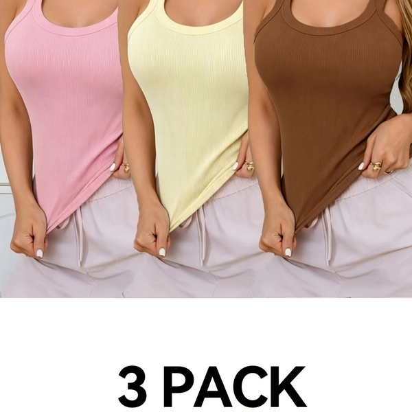[Elegant Ribbed Tank Tops] 3pcs Women's Elegant Casual Ribbed Tank Tops - Sleeveless Round Neck Summer Tops, Solid Color Versatile Design, Suitable for Daily or Formal Occasions, Made with Stretch Fabric, Fashionable and Warm, Comfortable Elastic Style