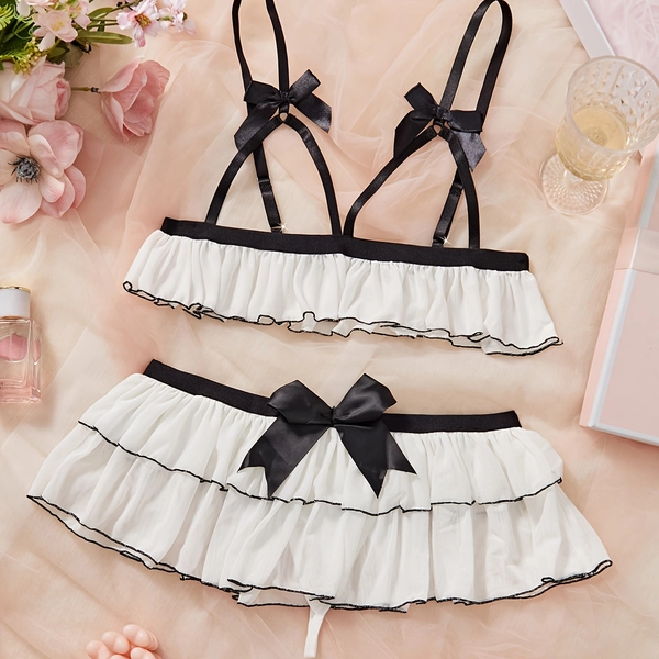 Y929 Sexy Hollow Net Lace Bowknot Sexy Lingerie Skirt and Pants Set
