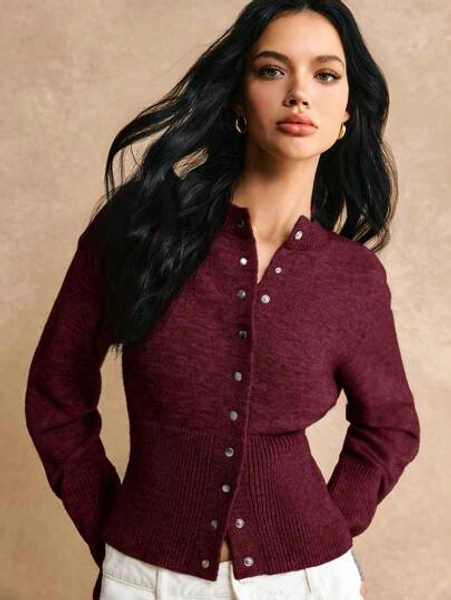 Poéselle Short Slim Front Button Solid Color Long Sleeve Simple Casual Knit Cardigan, Sweater,Short Women's Sweater,Women's Sweaters,Knit Sweaters,Winter Women's Clothing,Fall Women's Clothing,FW24,Knitted Sweater