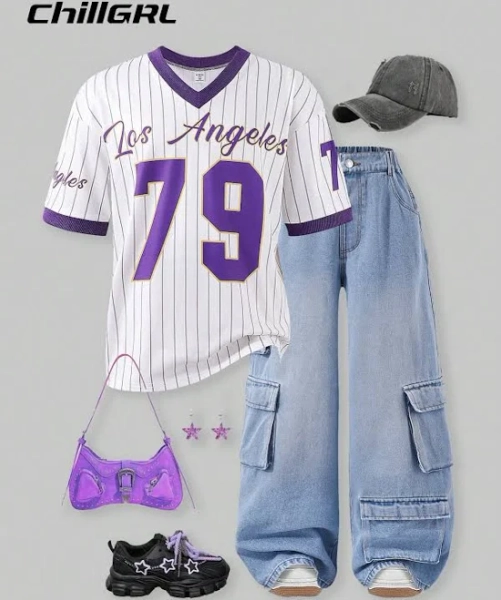 SHEIN Tween Girl's Loose Fit V-Neck Baseball Jersey