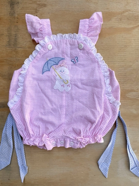 Vintage Pink Checked Baby Sunsuit Bubble Romper with Bunny Applique 6-9M