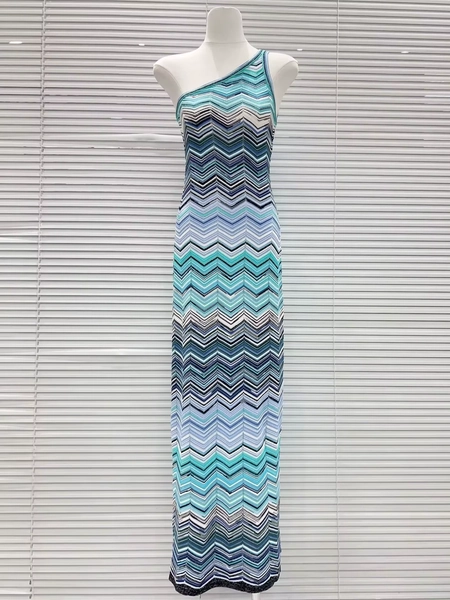 Diagonal Collar Women Blue Knitted Maxi Dress Summer Zigzag Striped Sleeveless High Waist Holiday Slim Robe