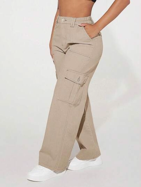SHEIN PETITE Women's Baggy Utility Pocketed Wide Leg Casual Loose Fitting Jeans