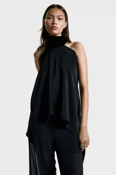 Scarf-Collar Halterneck Top - Black