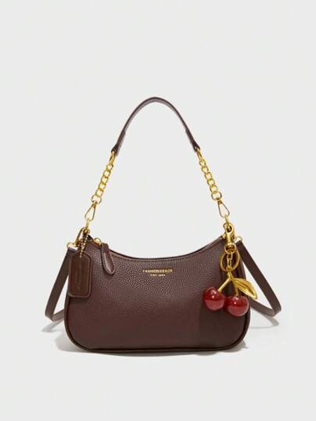 Fashionable Classic Multifunctional Solid Color Waterproof PU Fabric, Letter Pattern Decoration Design, Chain Shoulder Bag, Adjustable Shoulder Strap, Cherry Pendant Decoration, Fashionable Women's Shoulder Bag, Business Commuting Bag, Suitable For Shopping And Gatherings.