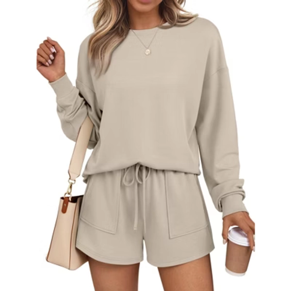 Coolmee Lounge Sets for Women Two Piece Sweat Long Sleeve Shirt Short Pant Matching Outfits Fashion Clothes with Pocket M Apricot