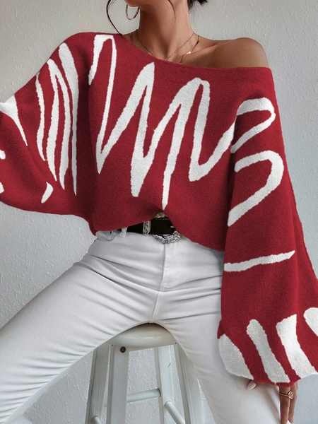 Celisse Women's Autumn/Winter Striped Pattern Batwing Sleeve Loose Pullover Sweater
