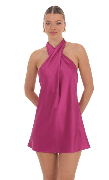 Satin Cross Halter Dress in Magenta | LUCY IN THE SKY