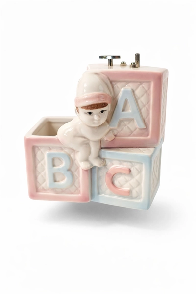 Vintage Baby ABC Blocks Music Box Planter Rock-A-Bye Baby Nursery My Neil
