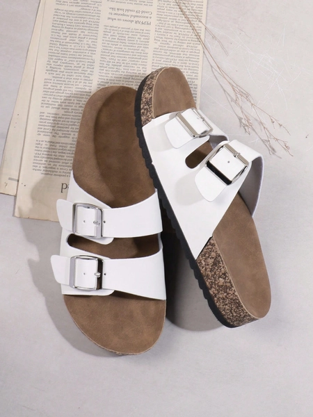 SHUZIA Women Shoes Double Buckle Cork Footbed Slide Sandals Women White Pu Fashion Flat Sandals For Christmas Valentine's Day