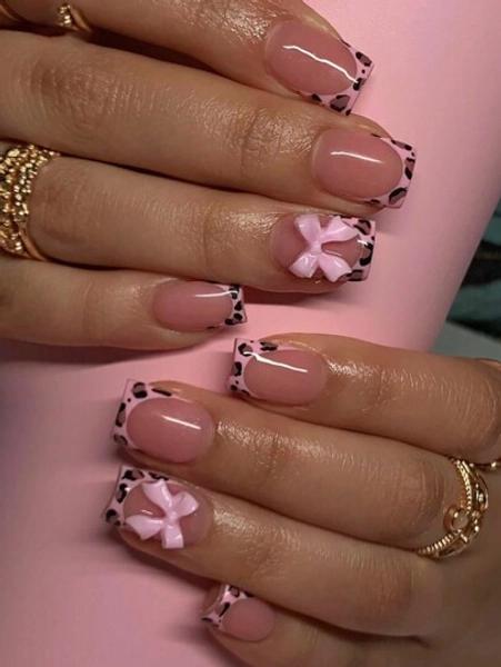 24pcs Y2K Short Square Press-On Nails, Pink Leopard Print, 3D Bow Design, Handmade, Glossy, Full Coverage, Suitable For Women And Girls Daily Wear Nail Supplies
