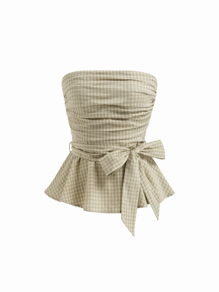 100% Cotton Multi-Way Bandeau Check Shirred Ruffle Hem Top