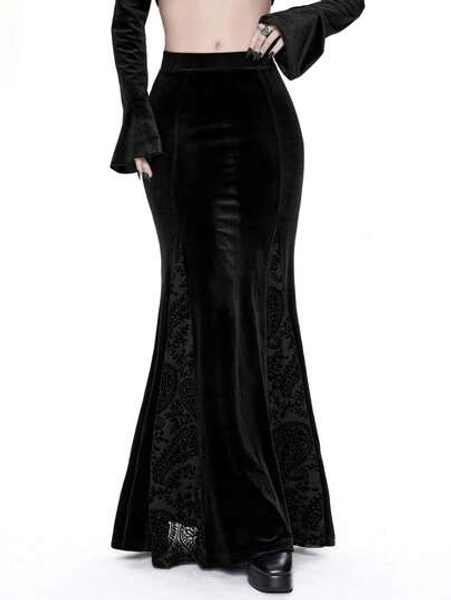 Breakform Goth Gothic Velvet Lace Black Batcaver Women's Fashion Gothic Style Flocked & Mesh Patchwork Elastic Waist Bodycon Skirt