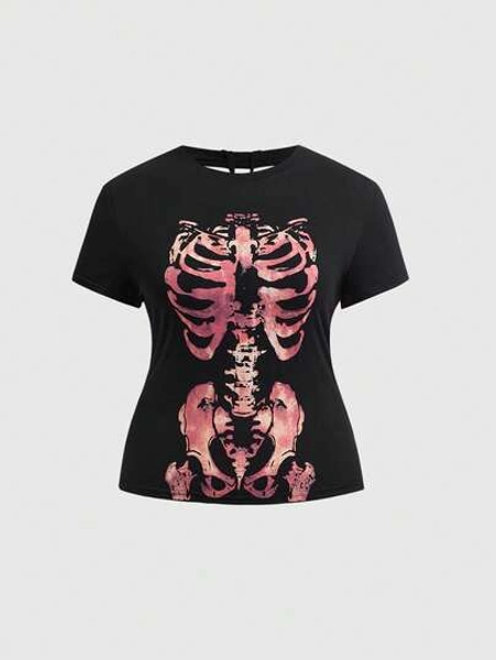 Spring And Summer Gothic Y2K Subculture Skeleton Gradient Print Short Sleeve T-Shirt, Streetwear Plus Size Women's Black T-Shirt