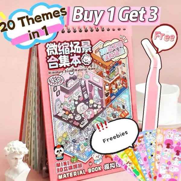 [45Pages 3D Scene Sticker Book] 25 Sticker Sheets+20 Miniature Scene+Tweezer+Extra Freebies, 20 New Theme Room Stickers, DIY Cute Stickers Pack,