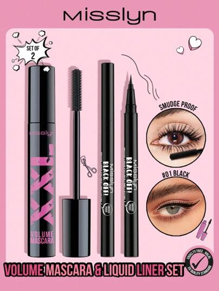 Misslyn MISSLYN-Volume Mascara & Liquid Liner Set , Washable Mascara Makeup, Volumizing, Lengthening, Defining, Curling, Multiplying, Precise Liquid Liner Long Lasting, Eyeliner Liquid Liner, Easy Liquid Pen No-Skip Eyeliner