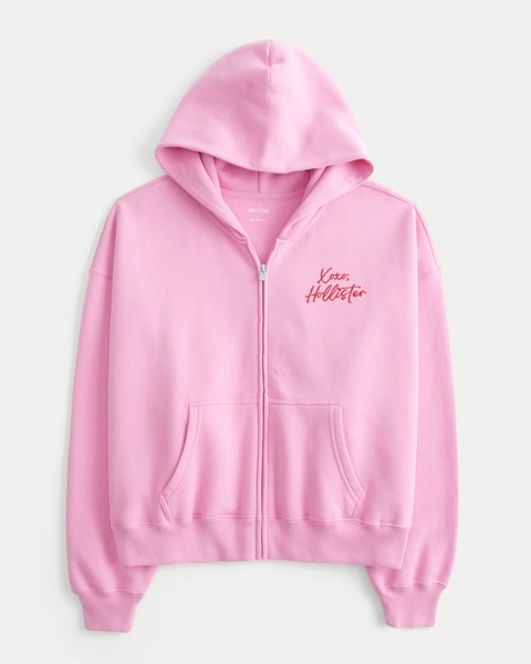Hollister Feel Good Easy Zip-Up Xoxo Graphic Hoodie