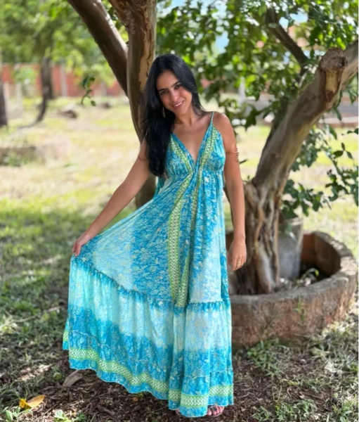 Vestido Longo em Seda Indiana - Afrodite (com detalhes dourados)