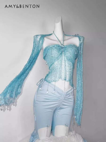 Japanese Original Blue Sparkling Sequins Three-dimensional Decoration Neck Tube Top with Ragged Wool Knitted Jacket Suit Women - AliExpress 200000345