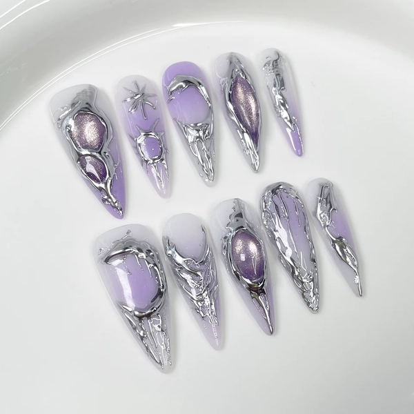10Pcs Sweet Cool Light Purple Long Fashion Nail Shiny Gradient Cat Eye False Nails Metallic Handmade Nail Spicy Girl Detachable - AliExpress 